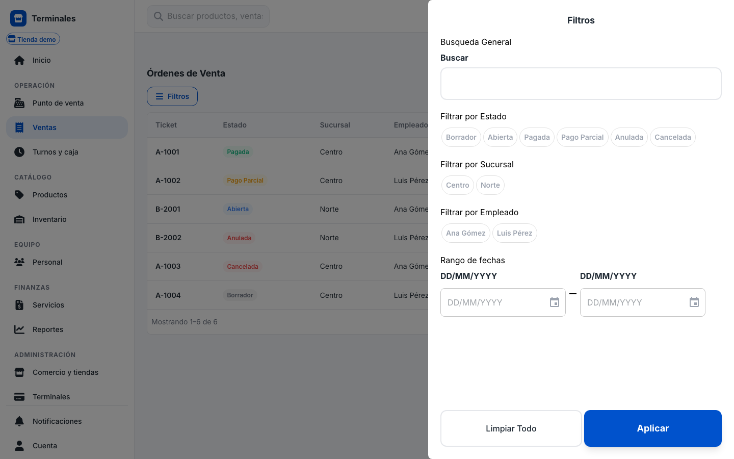 app Ventas — filtros