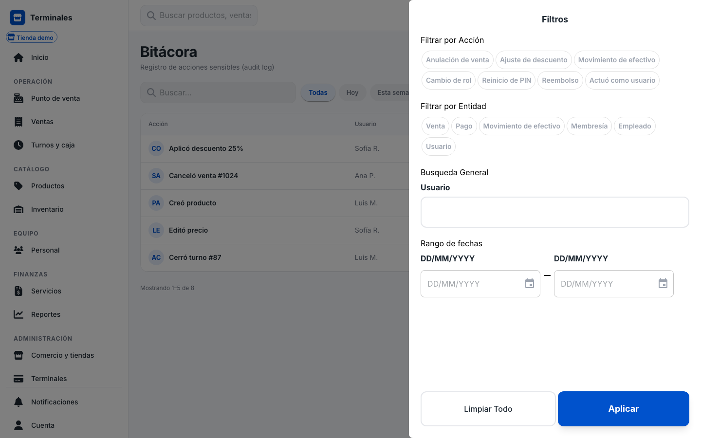 app Bitácora — filtros