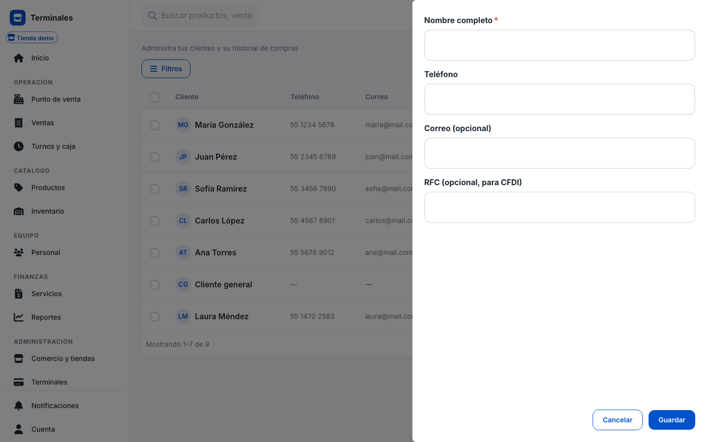 app Nuevo cliente — diálogo
