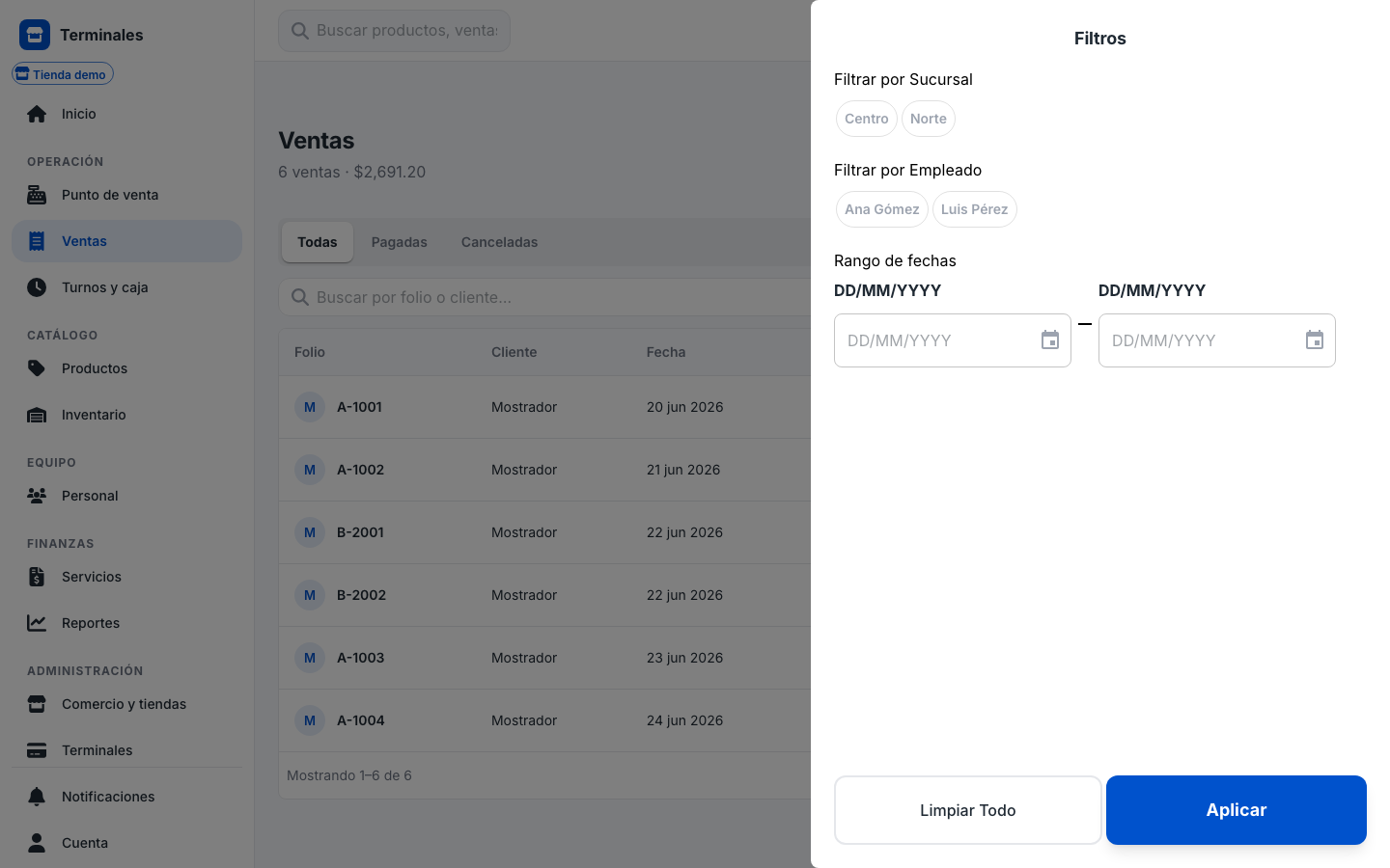 app Ventas — filtros