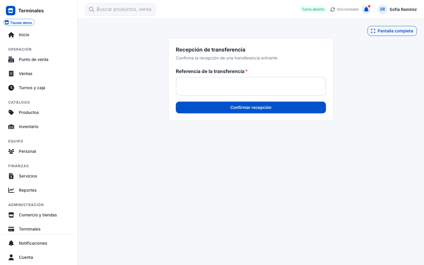 app Recepción de transferencia