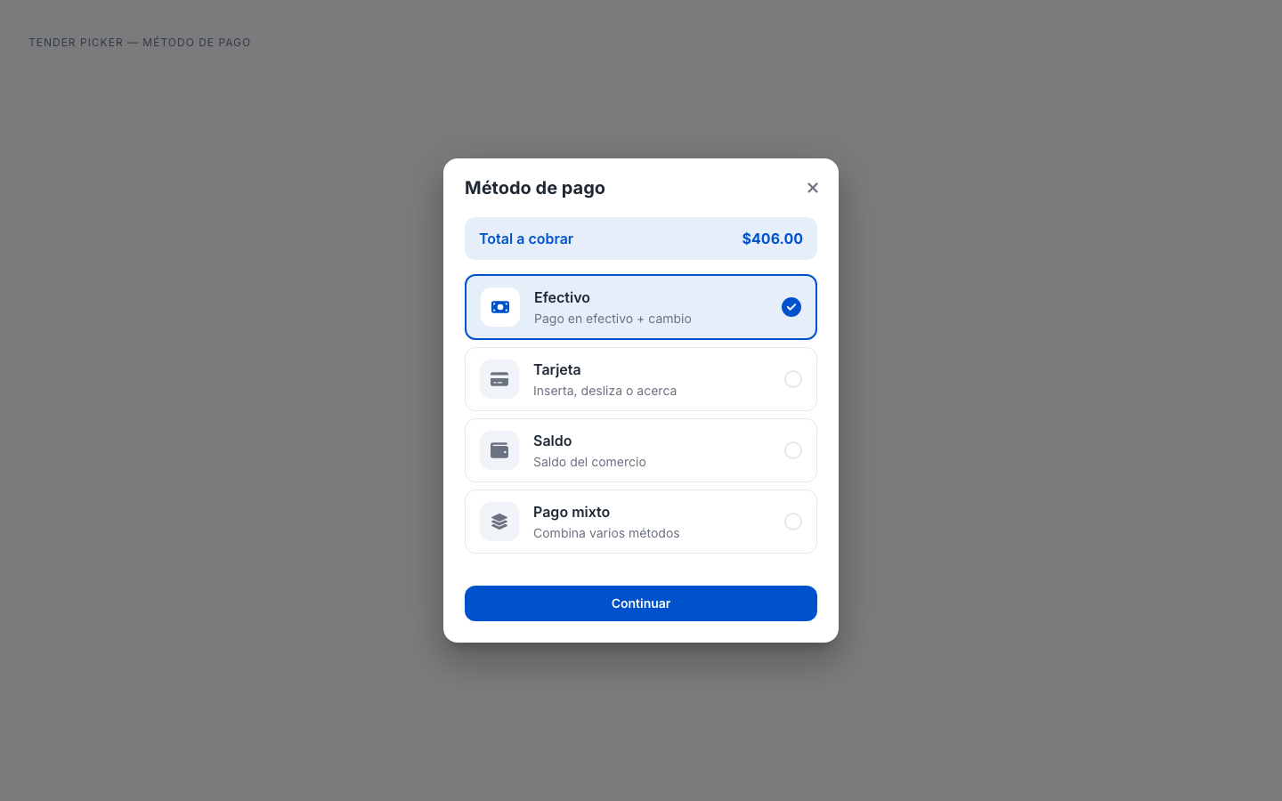 app POS — Tender Picker